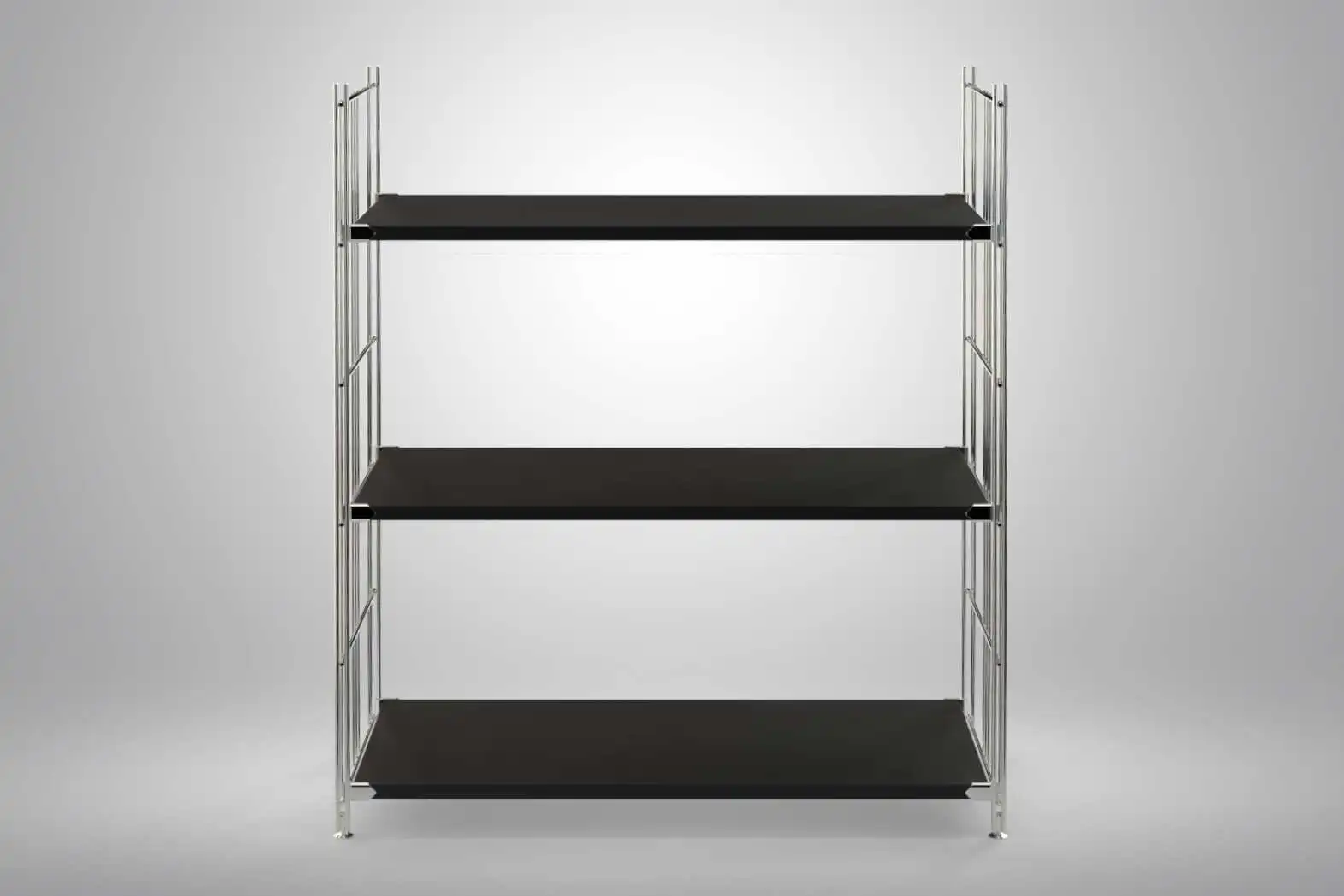 Regal 98x85x38 mit schwarz lackierten Holzböden und Chrom Leitern - modular erweiterbar