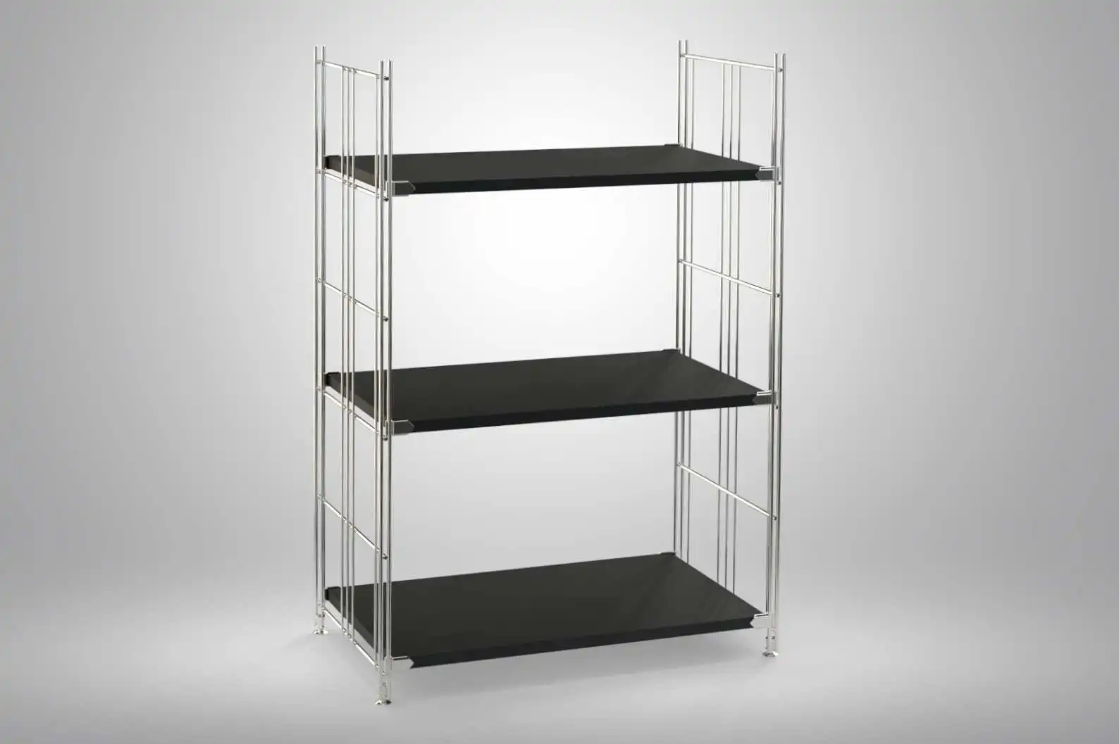 Regal 98x65x38 mit schwarz lackierten Holzböden und Chrom Leitern - modular erweiterbar