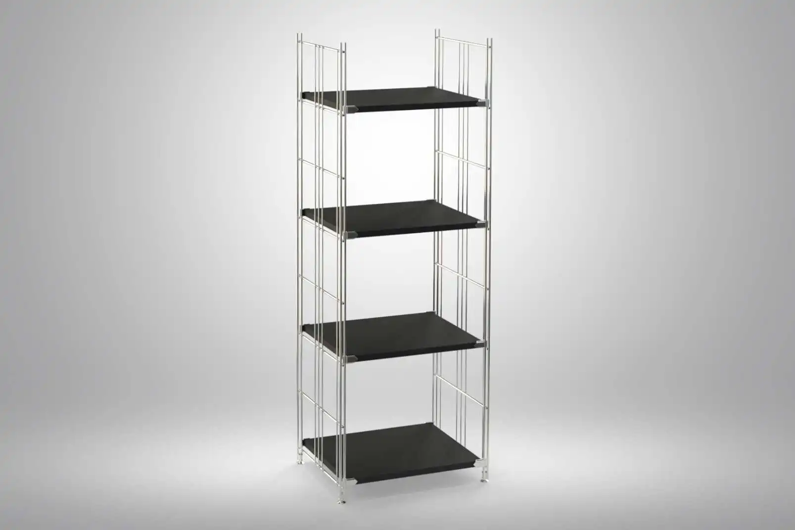 Regal 135x46x38 mit schwarz lackierten Holzböden und Chrom Leitern - modular erweiterbar