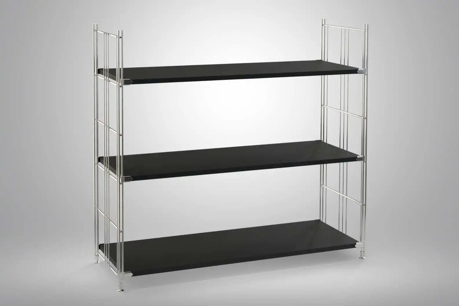 Regal 98x104x38 mit schwarz lackierten Holzböden und Chrom Leitern - modular erweiterbar