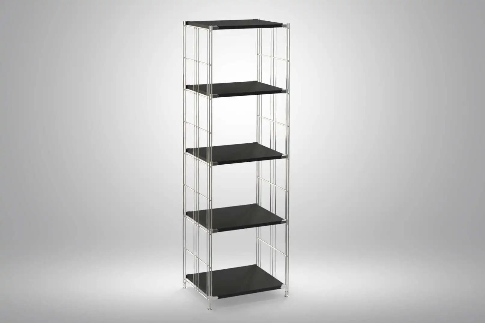 Regal 154x46x38 mit schwarz lackierten Holzböden und Chrom Leitern - modular erweiterbar