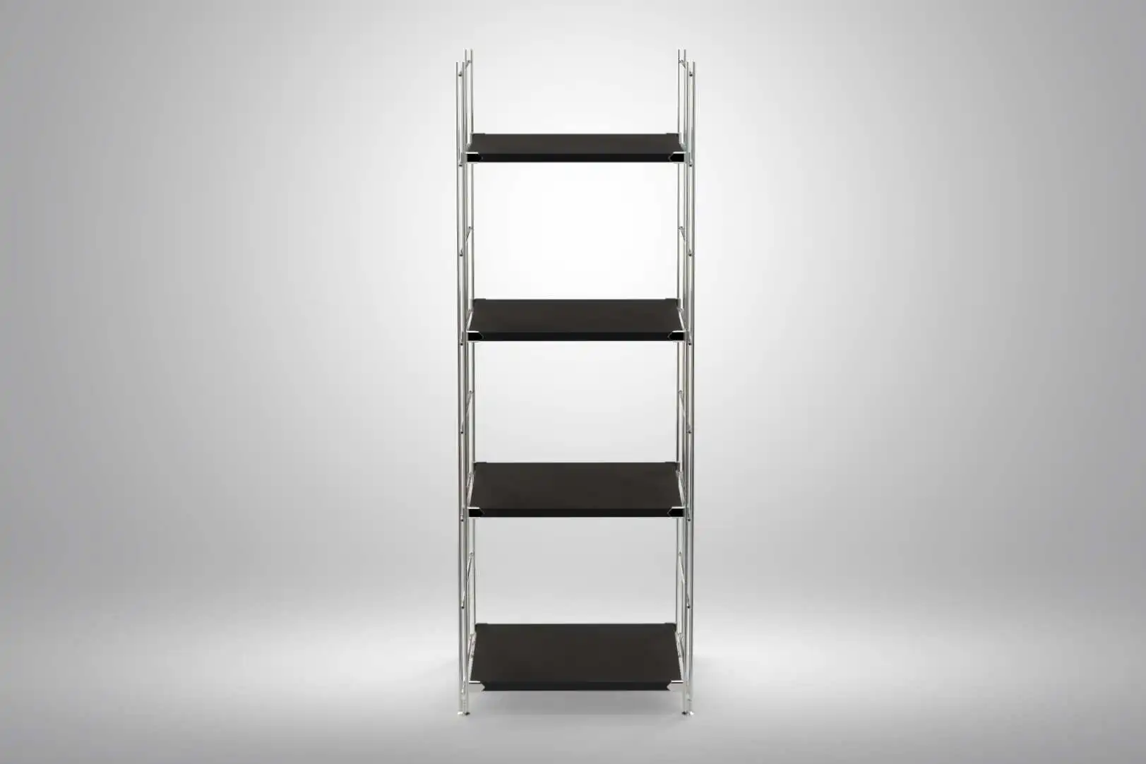 Regal 135x46x38 mit schwarz lackierten Holzböden und Chrom Leitern - modular erweiterbar