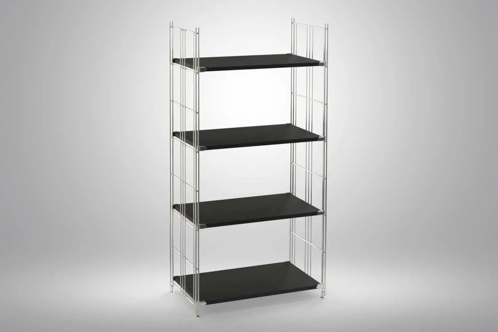 Regal 135x65x38 mit schwarz lackierten Holzböden und Chrom Leitern - modular erweiterbar