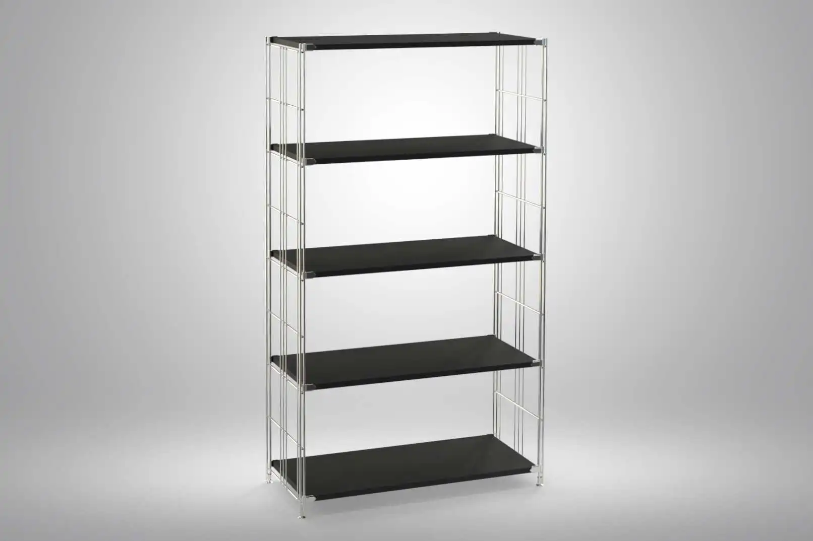 Regal 154x85x38 mit schwarz lackierten Holzböden und Chrom Leitern - modular erweiterbar