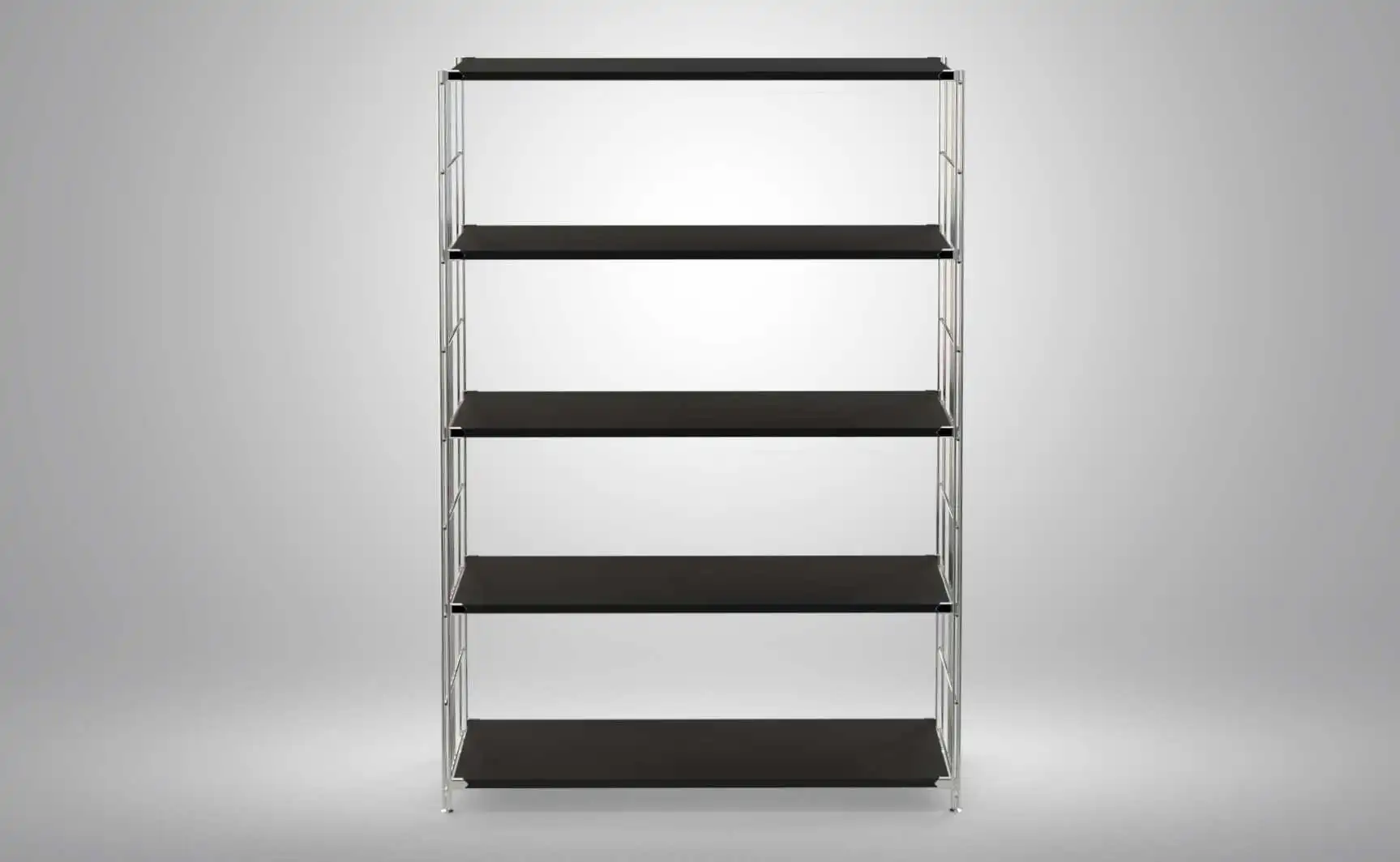 Regal 154x104x38 mit schwarz lackierten Holzböden und Chrom Leitern - modular erweiterbar