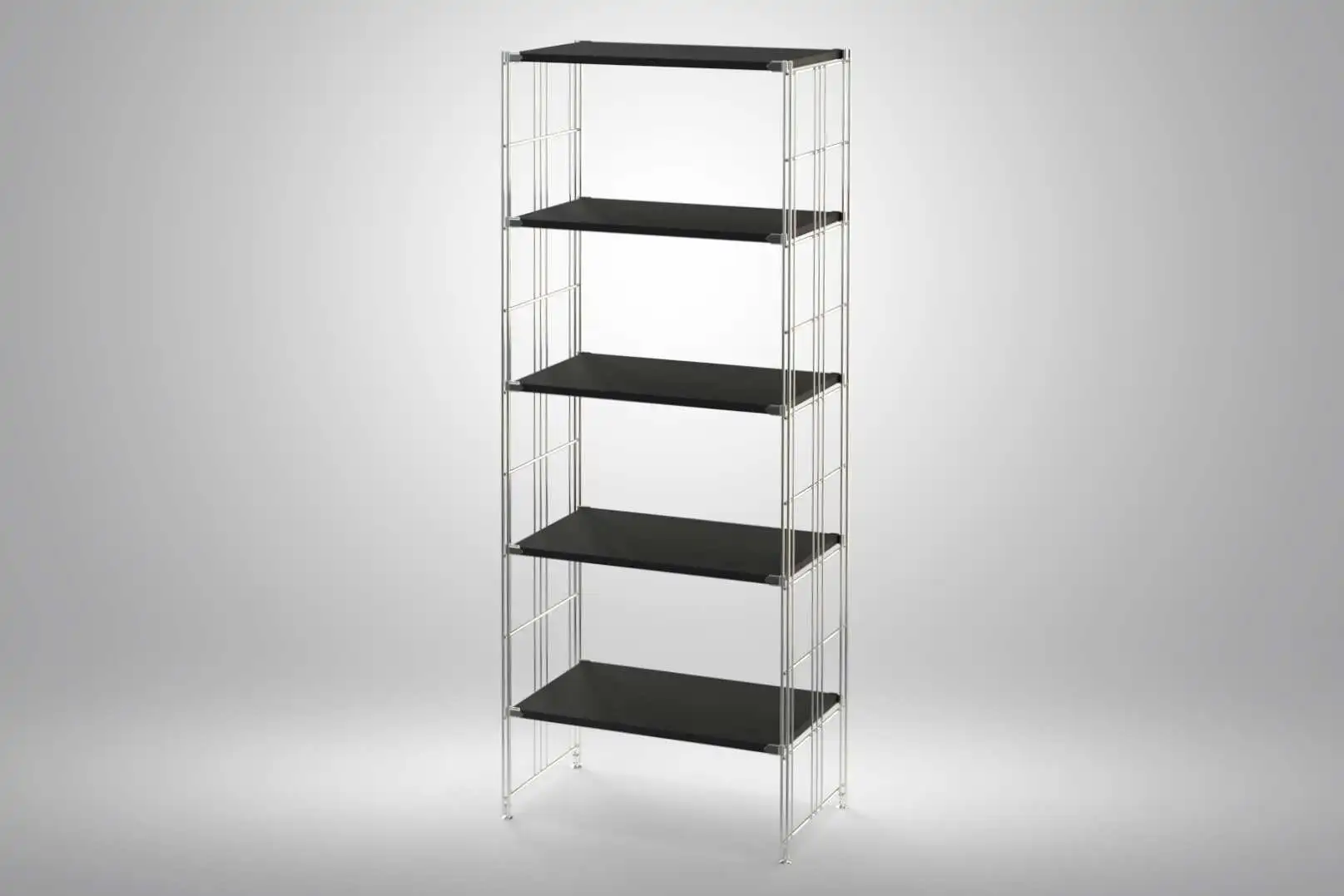 Regal 172x65x38 mit schwarz lackierten Holzböden und Chrom Leitern - modular erweiterbar