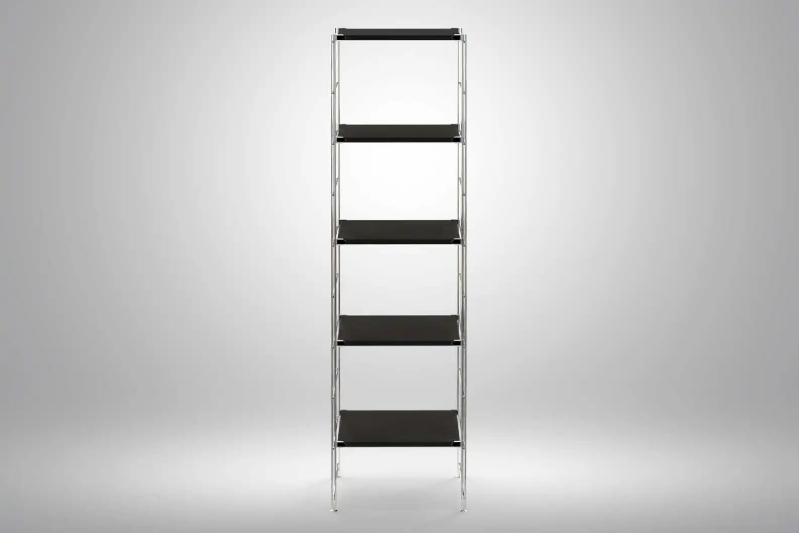 Regal 172x46x38 mit schwarz lackierten Holzböden und Chrom Leitern - modular erweiterbar