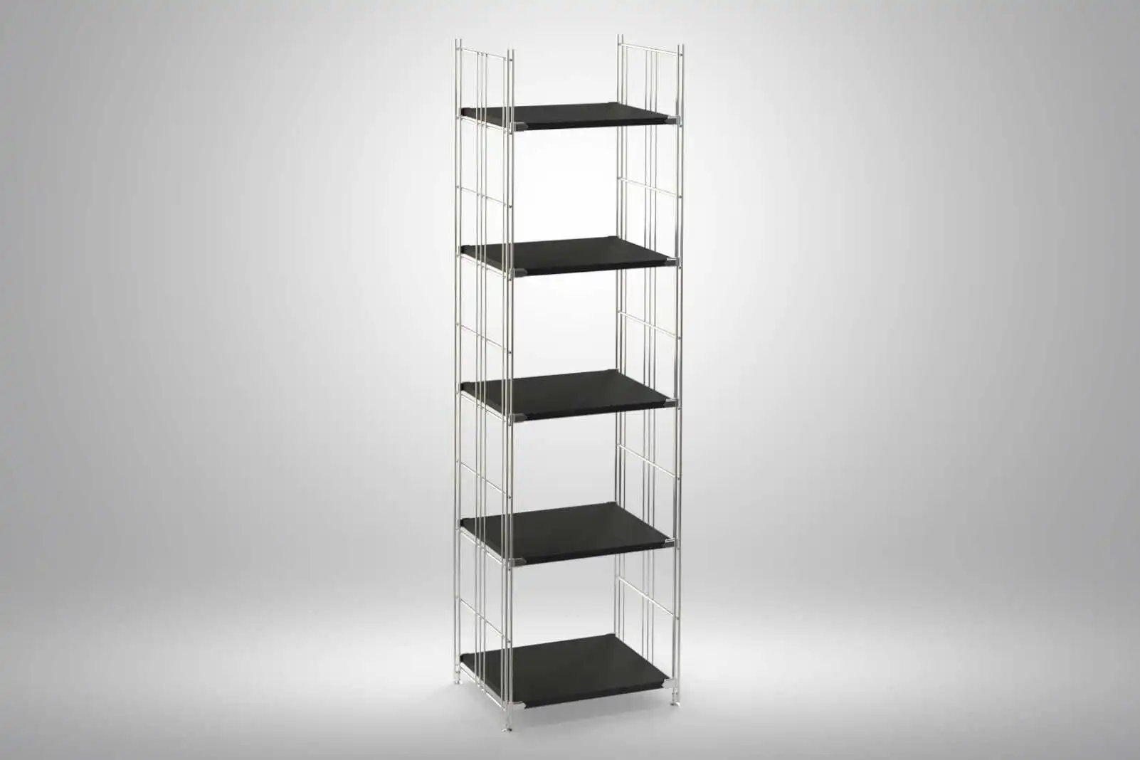 Regal 172x46x38 mit schwarz lackierten Holzböden und Chrom Leitern - modular erweiterbar