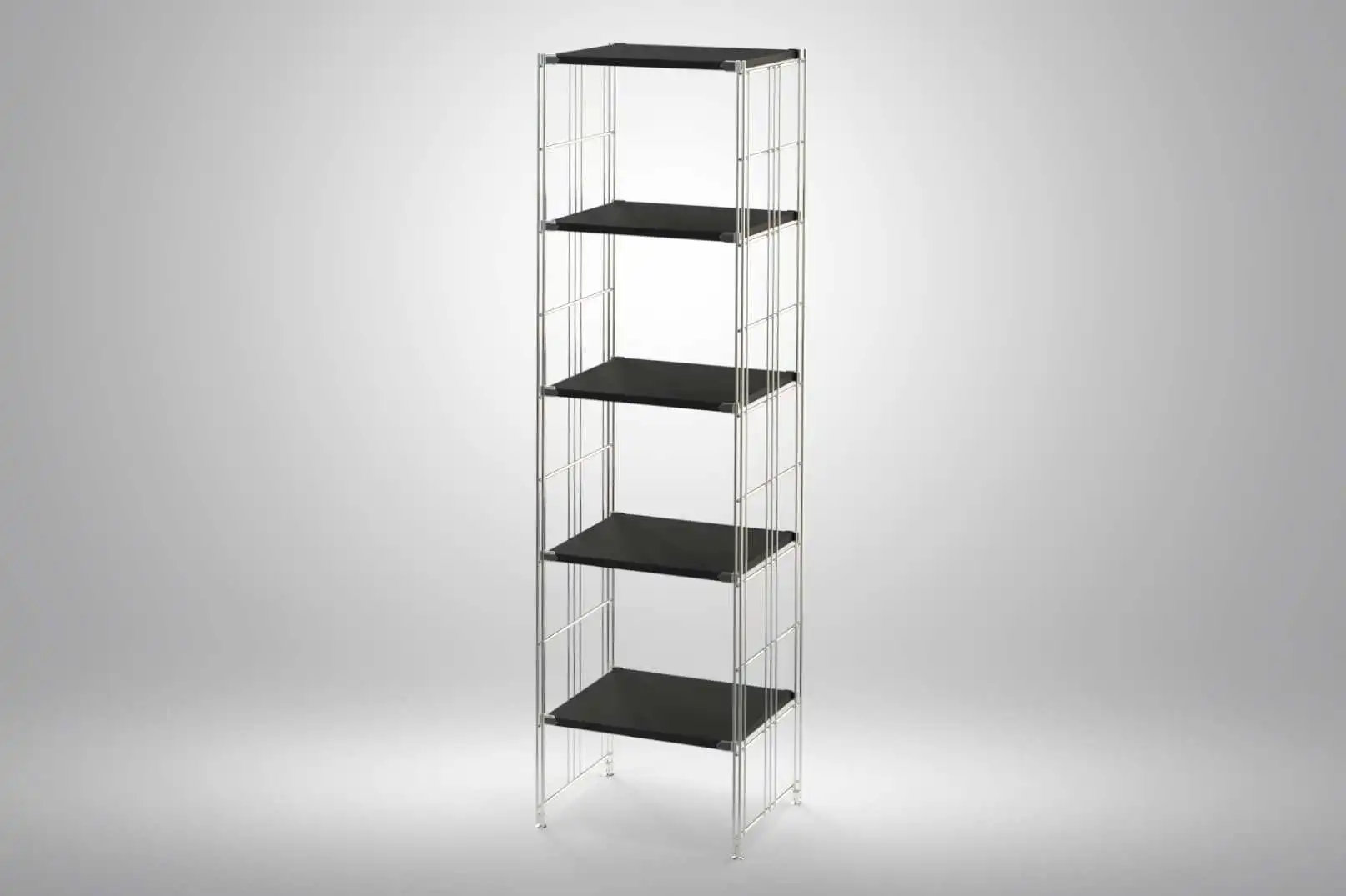 Regal 172x46x38 mit schwarz lackierten Holzböden und Chrom Leitern - modular erweiterbar