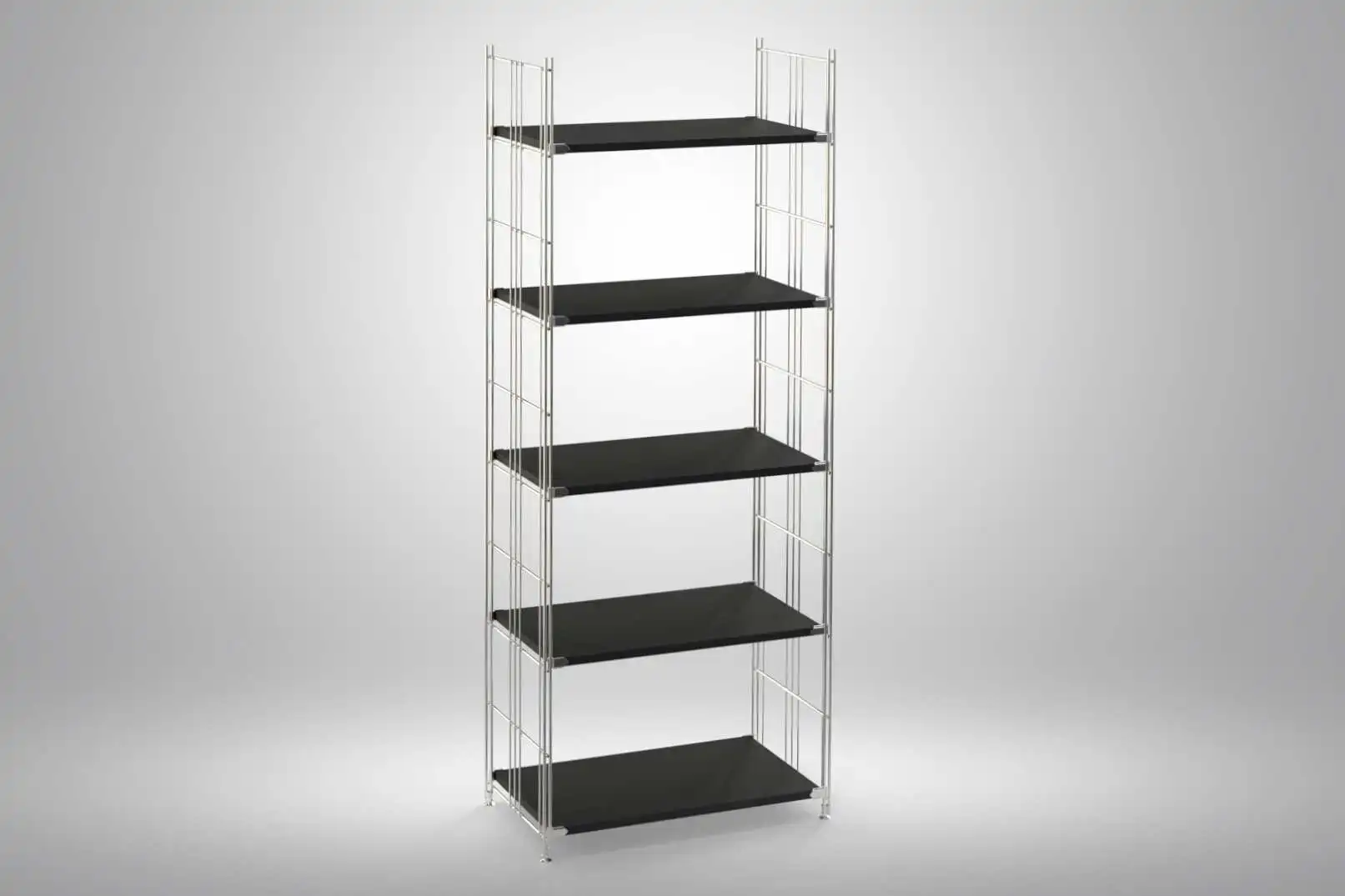 Regal 172x65x38 mit schwarz lackierten Holzböden und Chrom Leitern - modular erweiterbar