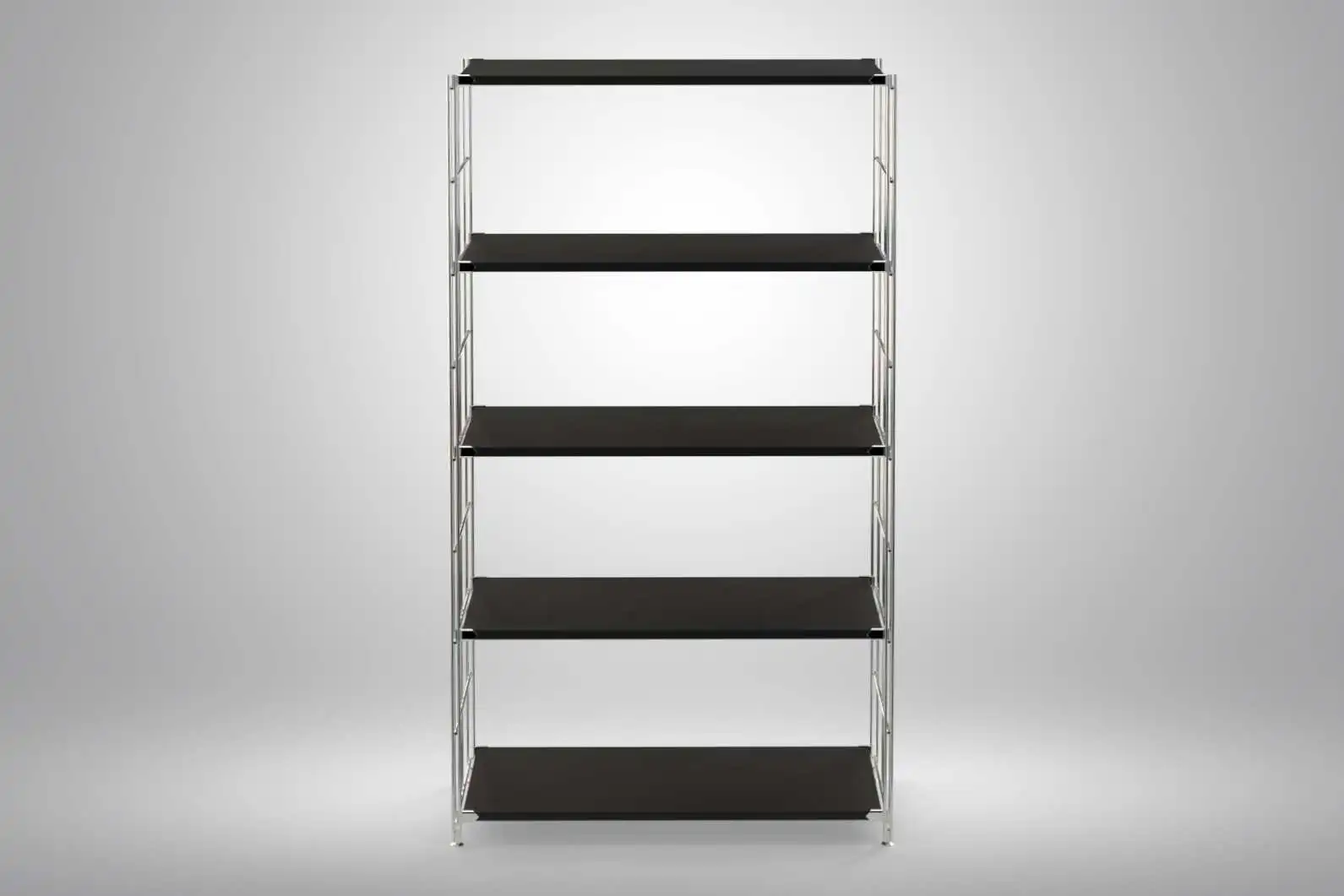 Regal 154x85x38 mit schwarz lackierten Holzböden und Chrom Leitern - modular erweiterbar