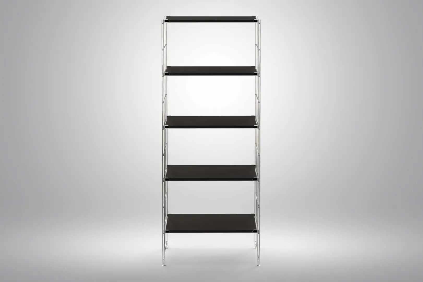 Regal 172x65x38 mit schwarz lackierten Holzböden und Chrom Leitern - modular erweiterbar