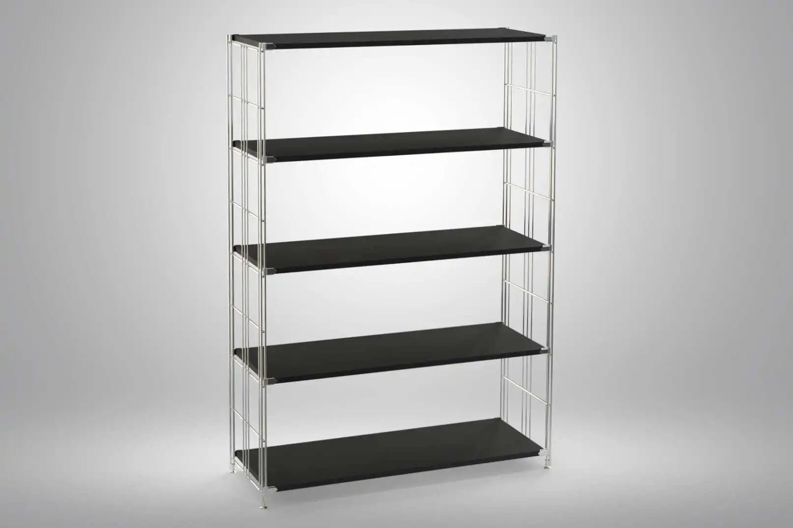 Regal 154x104x38 mit schwarz lackierten Holzböden und Chrom Leitern - modular erweiterbar