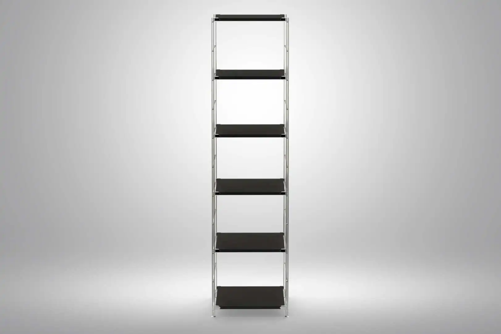 Regal 190x46x38 mit schwarz lackierten Holzböden und Chrom Leitern - modular erweiterbar