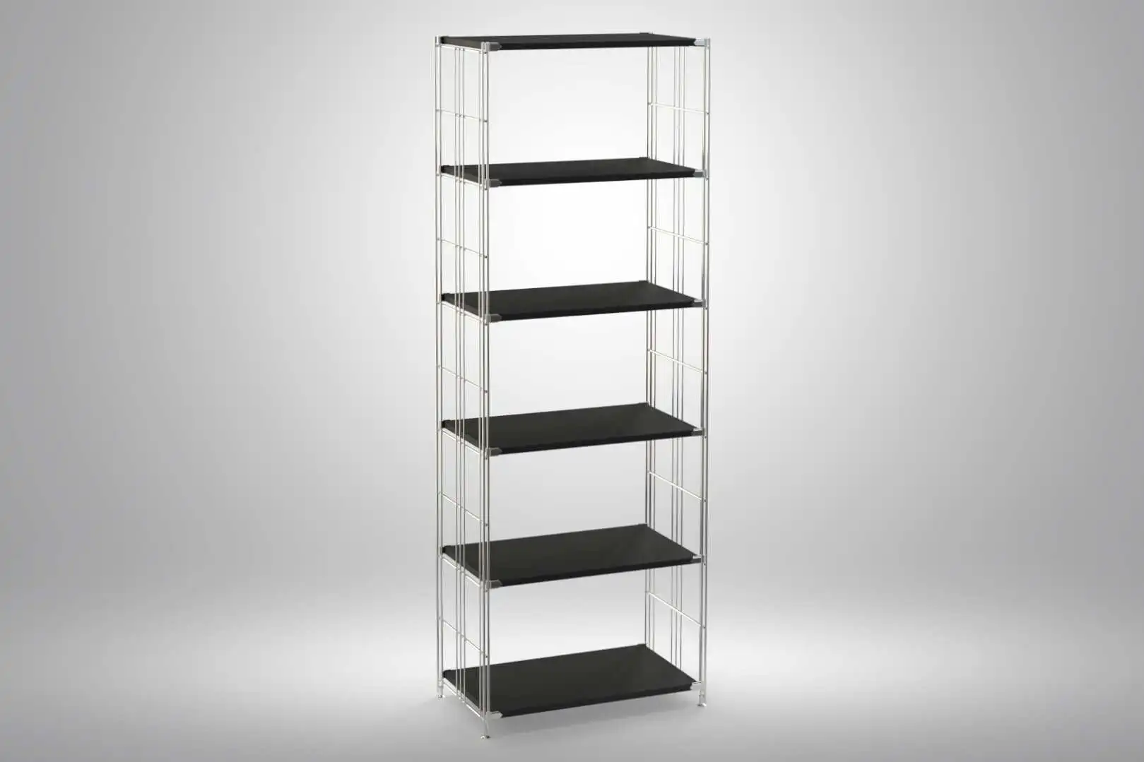 Regal 190x65x38 mit schwarz lackierten Holzböden und Chrom Leitern - modular erweiterbar