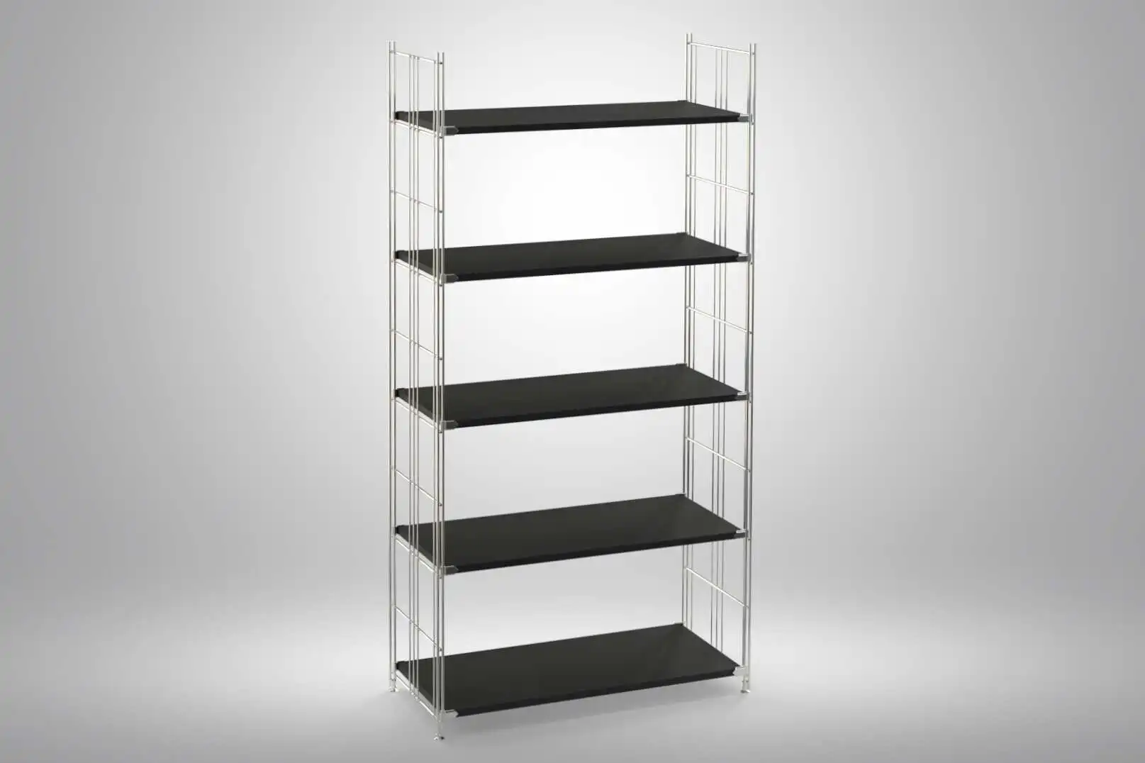 Regal 172x85x38 mit schwarz lackierten Holzböden und Chrom Leitern - modular erweiterbar