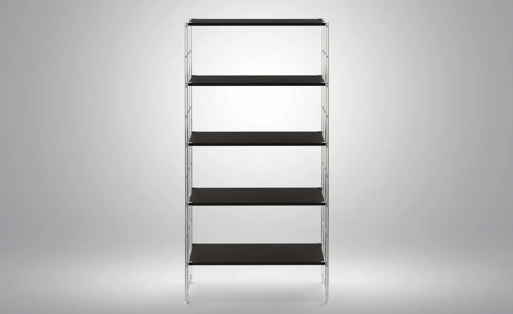 Regal 172x85x38 mit schwarz lackierten Holzböden und Chrom Leitern - modular erweiterbar