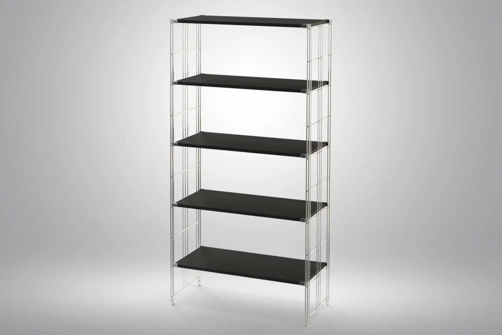 Regal 172x85x38 mit schwarz lackierten Holzböden und Chrom Leitern - modular erweiterbar