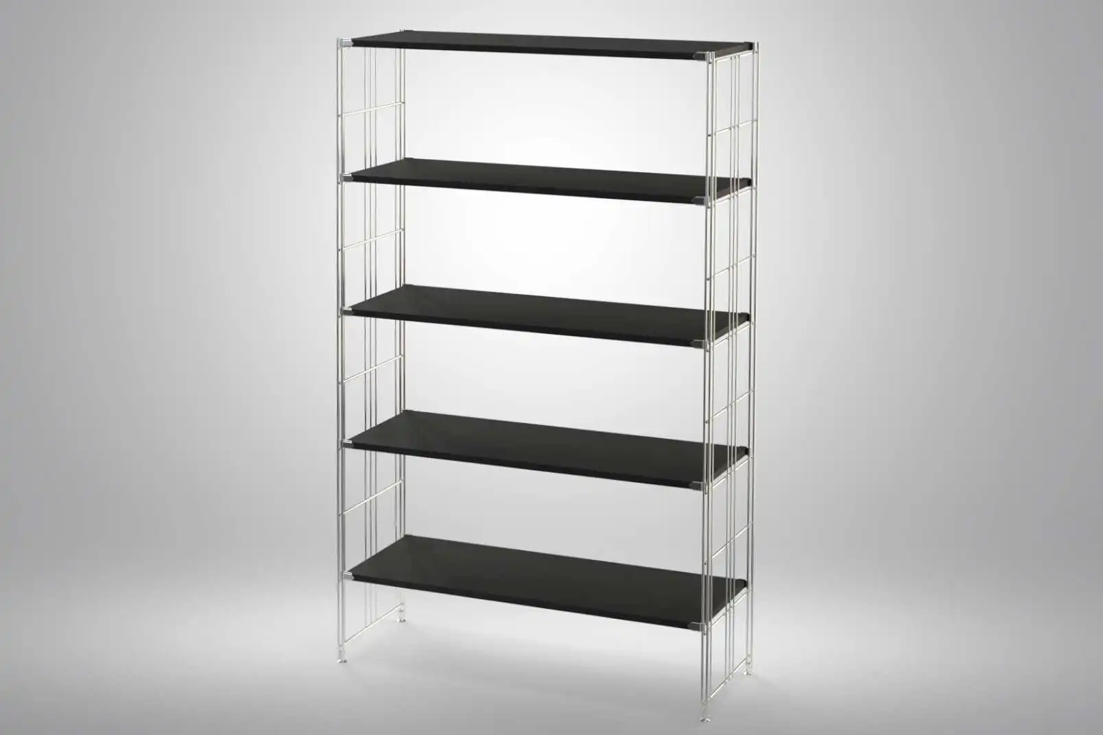 Regal 172x104x38 mit schwarz lackierten Holzböden und Chrom Leitern - modular erweiterbar