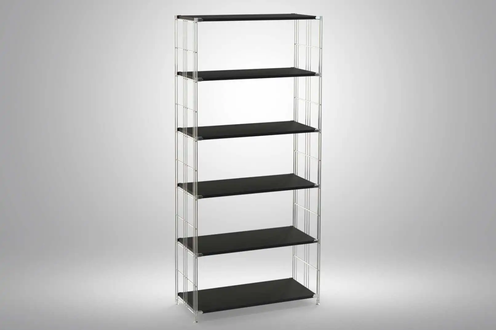 Regal 190x85x38 mit schwarz lackierten Holzböden und Chrom Leitern - modular erweiterbar