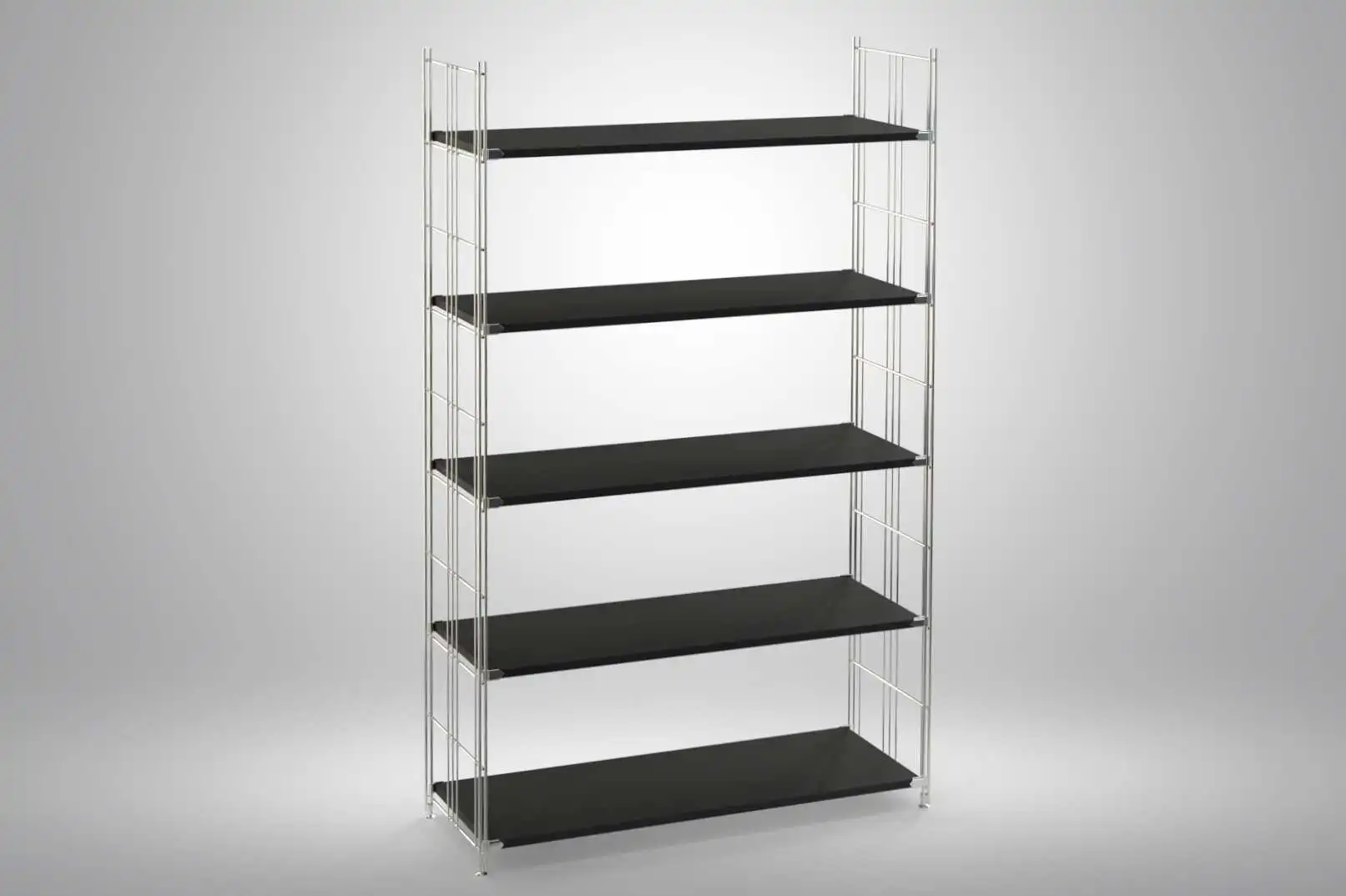 Regal 172x104x38 mit schwarz lackierten Holzböden und Chrom Leitern - modular erweiterbar