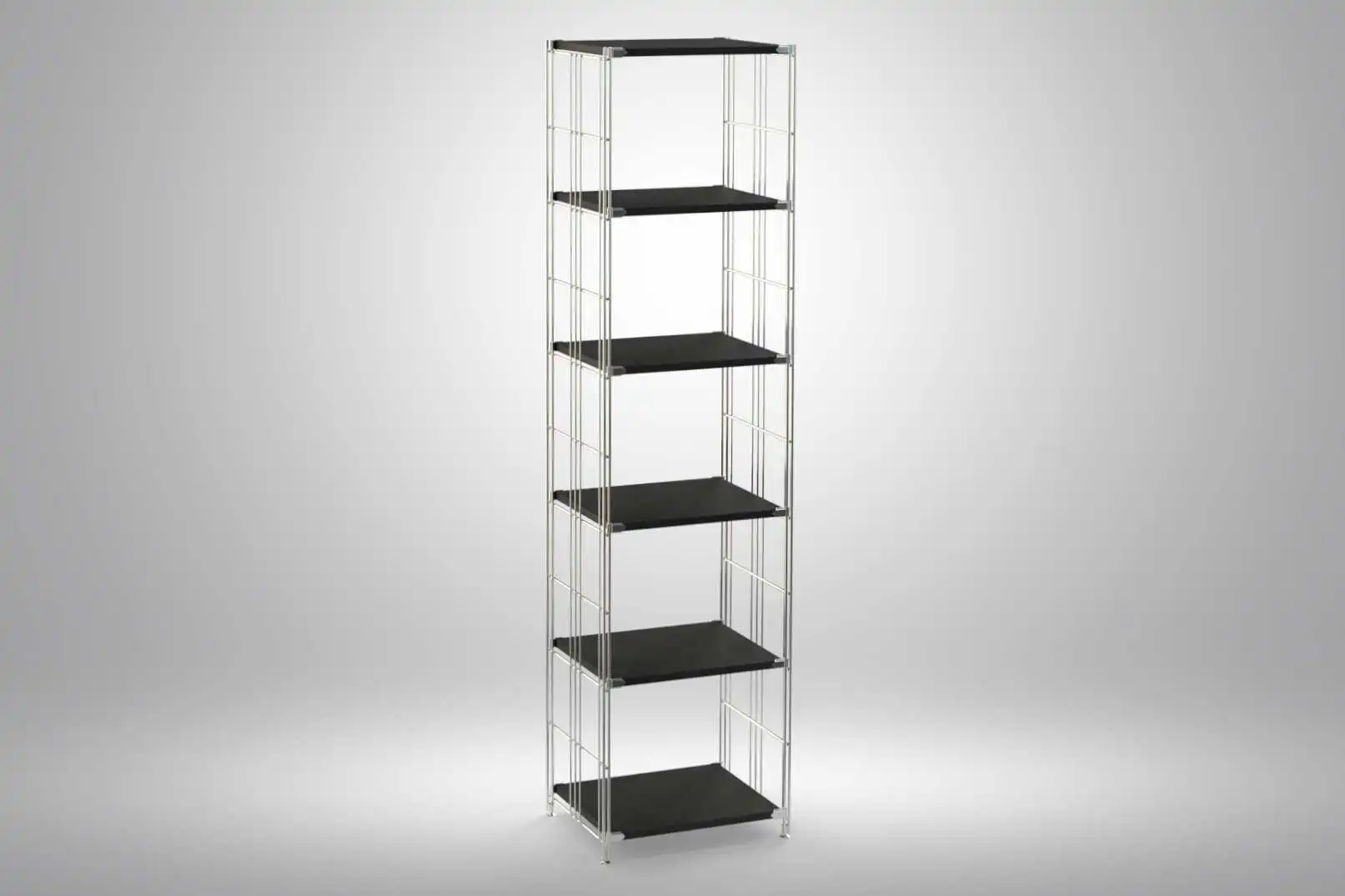 Regal 190x46x38 mit schwarz lackierten Holzböden und Chrom Leitern - modular erweiterbar