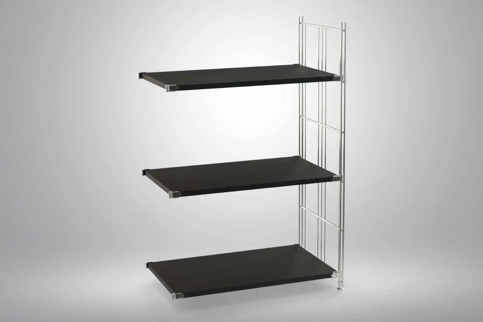 Ergänzungs-Regal Set für 98x65x38 mit schwarz lackierten Holzböden und Chrom Leitern - modular erweiterbar