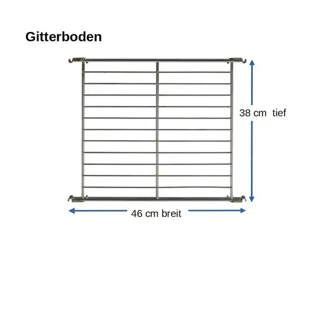 270210 Gitterboden 46x38 cm Unsere Gitterplatten aus strapazierfähigem, verchromtem Edelstahl bieten eine stilvolle und dauerhafte Lösung für vielfältige Regalsysteme. Die präzise gefertigten Stahlstreben gewährleisten maximale Stabilität und eine hohe Tragfähigkeit, während die glänzende Chromoberfläche dem Regal einen modernen und ansprechenden Look verleiht. Dank der hochwertigen Verbindungsstücke lassen sich die Gitterplatten problemlos und sicher mit den Stützen oder Leitern des Regalsystems verbinden. Diese erstklassigen Montageelemente sorgen für eine mühelose Installation und garantieren, dass die Platten fest und stabil sitzen. Ideal für den Einsatz in Wohnbereichen, Büros oder Lagerstätten bietet dieses System eine flexible und elegante Aufbewahrungslösung für jede Umgebung. Hergestellt in Deutschland, steht es für Qualität und Langlebigkeit.