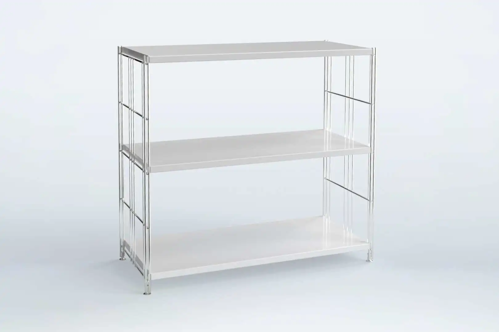 BIII Metall Regal mit 3 Blechböden weiß beschichtet  80x87x38 cm mit Leitern aus Stahl, Chrom beschichtet und mit verstellbaren Füße