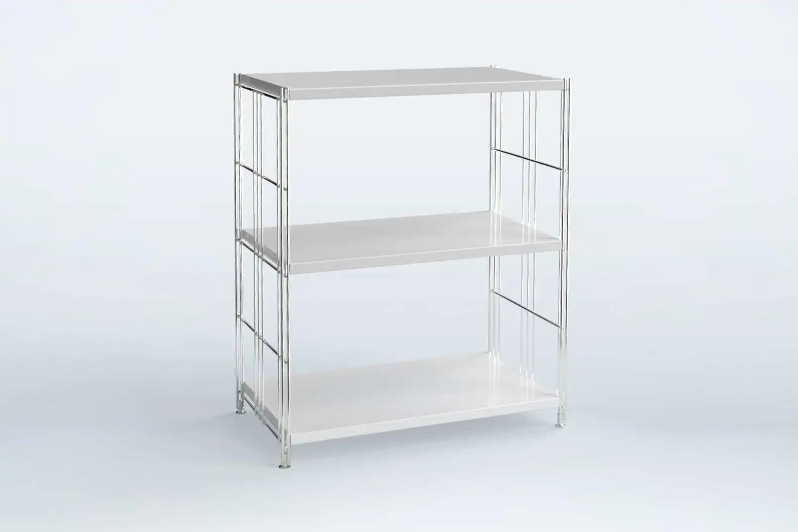 BIII Metall Regal mit 3 Blechböden weiß beschichtet  80x67x38 cm mit Chrom Leitern und verstellbaren Füße