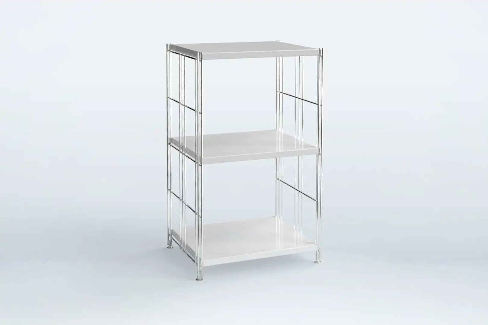 BIII Metall Regal mit 3 Blechböden weiß beschichtet  80x46x38 cm mit Chrom Leitern und verstellbaren Füße