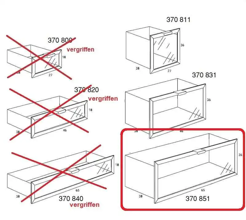 370851 Metallschublade 37x65x38 cm (Höhe x Breite x Tiefe) satinierte Milchglasplatte BIII 380