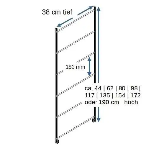 Böden lassen sich an jeder Querstrebe montieren. Der Rasterabstand beträgt 183 mm. BALTON