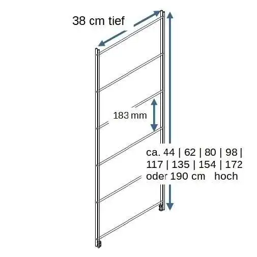 Böden lassen sich an jeder Querstrebe montieren. Der Rasterabstand beträgt 183 mm. BALTON