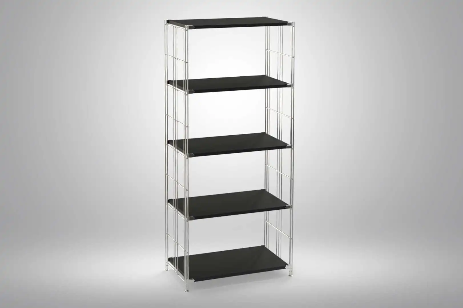 Regal Art. Nr. 909612 154x67x38 cm (Höhe x Breite x Tiefe) mit 5 Böden in schwarz montiert in Regal-Seitenteile Metall, verchromt