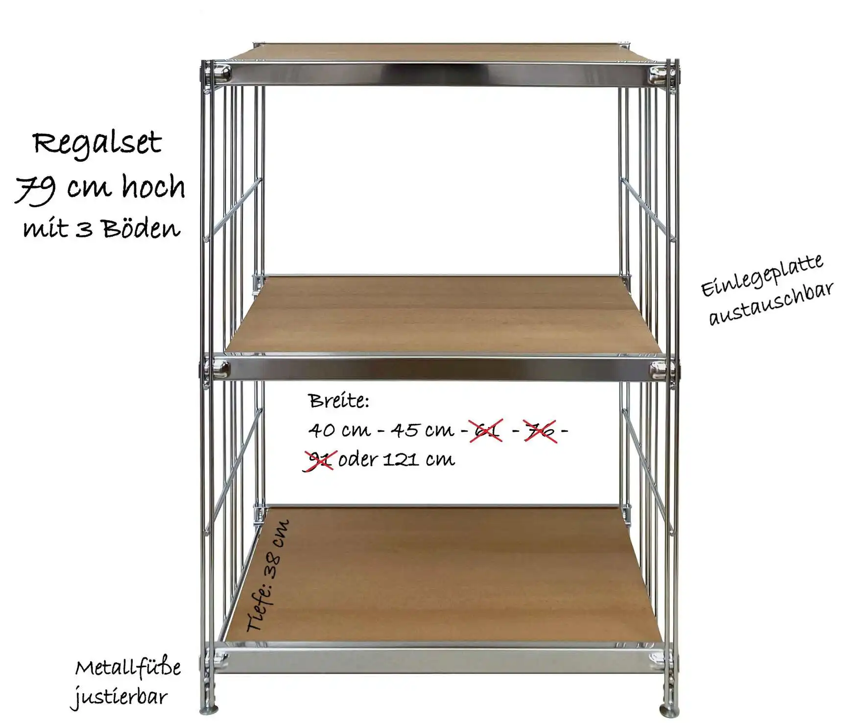 Regalset mit 3x Metall-Rahmen mit Einlegeplatten, 19 mm (austauchbar) in der gewählten Ausführung: 40.5 cm, 45,5 cm, oder 121,5 cm breit, 38 cm tief, 79 cm hoch