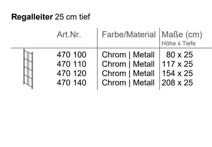 Regalleitern in folgenden Größen erhältlich: 80x25cm / 117x25 cm / 154x25 cm / 208x25 cm