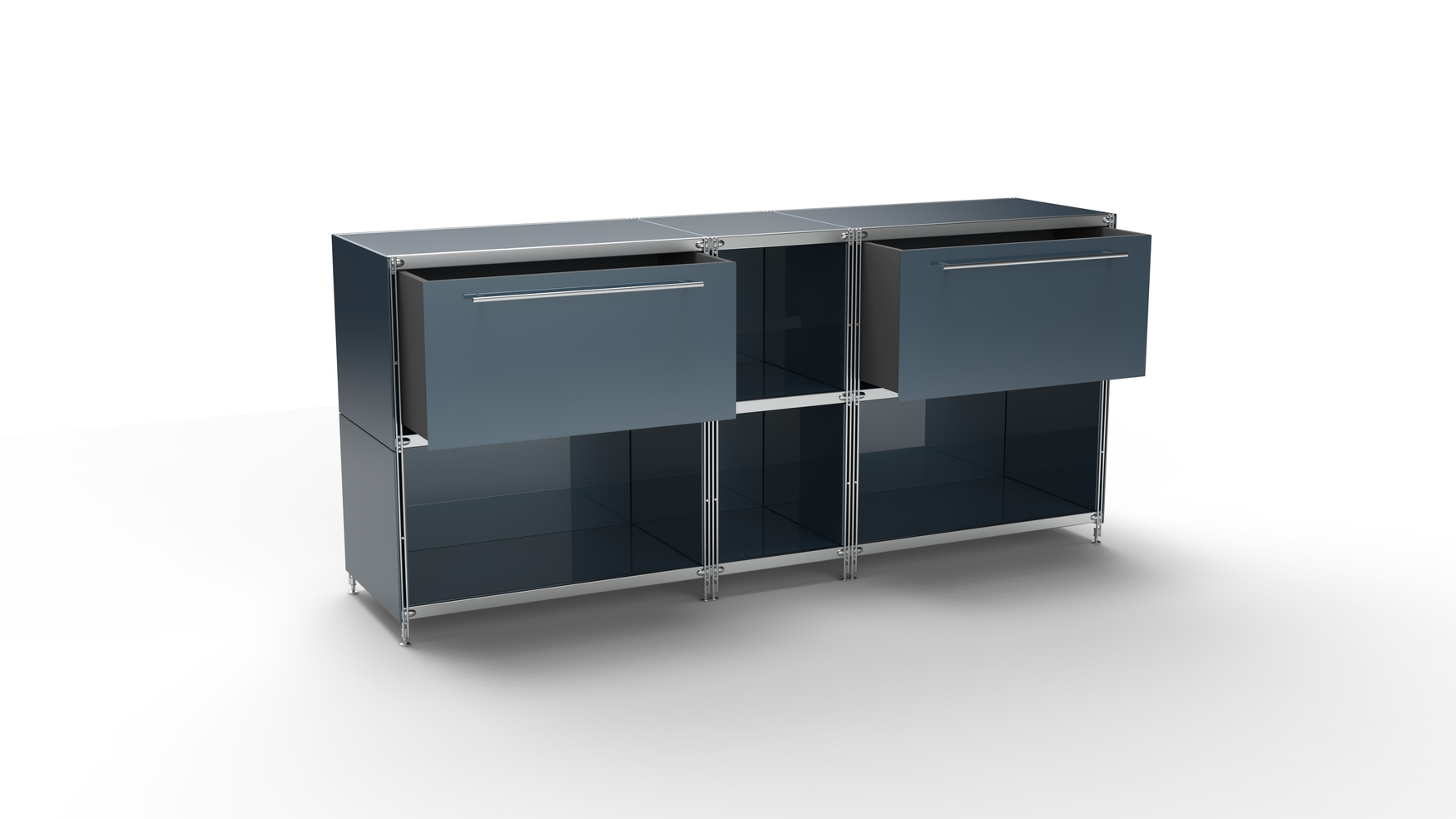KUBUS Sideboard Metall anthrazit pulverbeschichtet mit 2 großen Schubladen + 4 Fächern offen 196 cm breit