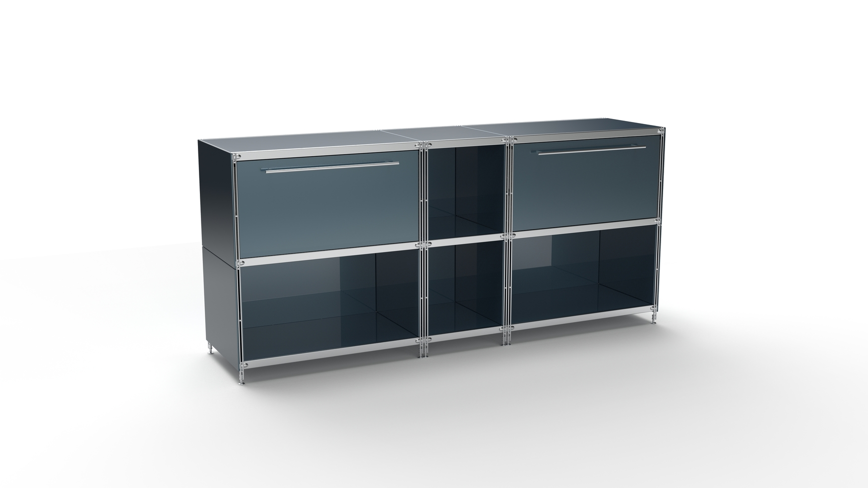 KUBUS Sideboard Metall anthrazit pulverbeschichtet mit 2 großen Schubladen + 4 Fächern offen 196 cm breit