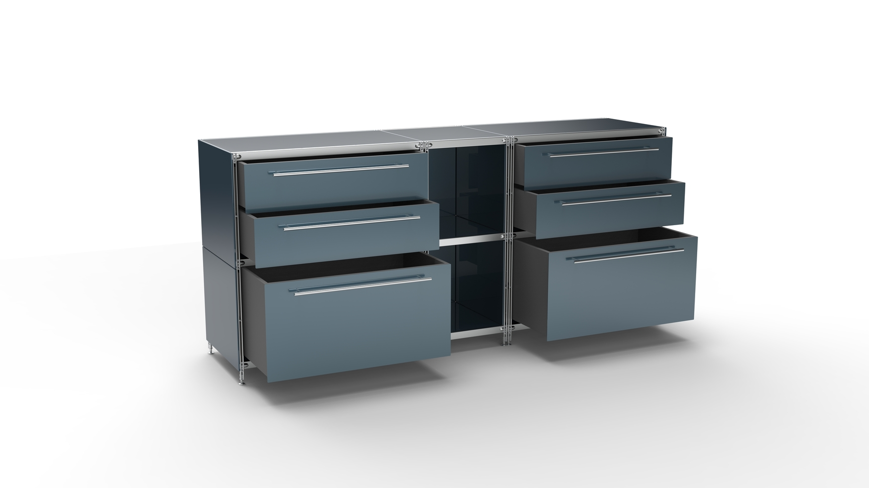 KUBUS Sideboard Metall anthrazit mit 2 Doppel-Schubladen + 2 Schubladen groß + 2 offenen Fächern 196 cm breit (Kopie)