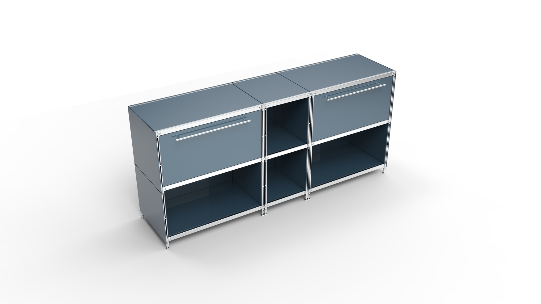 KUBUS Sideboard Metall anthrazit pulverbeschichtet mit 2 großen Schubladen + 4 Fächern offen 196 cm breit