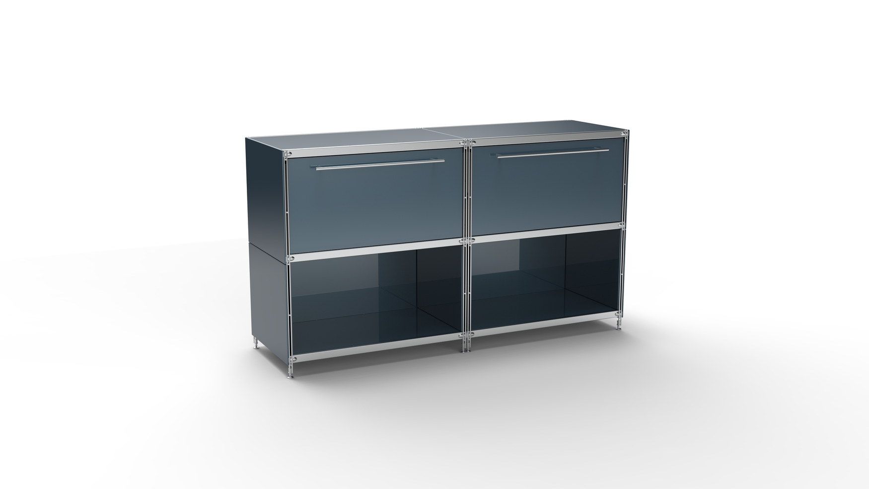 KUBUS Sideboard Metall anthrazit pulverbeschichtet mit 2 großen Schubladen + 2 Fächern offen 160 cm breit