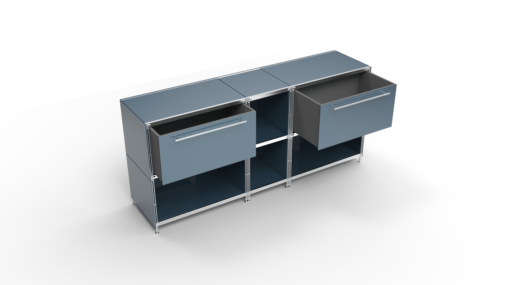 KUBUS Sideboard Metall anthrazit pulverbeschichtet mit 2 großen Schubladen + 4 Fächern offen 196 cm breit