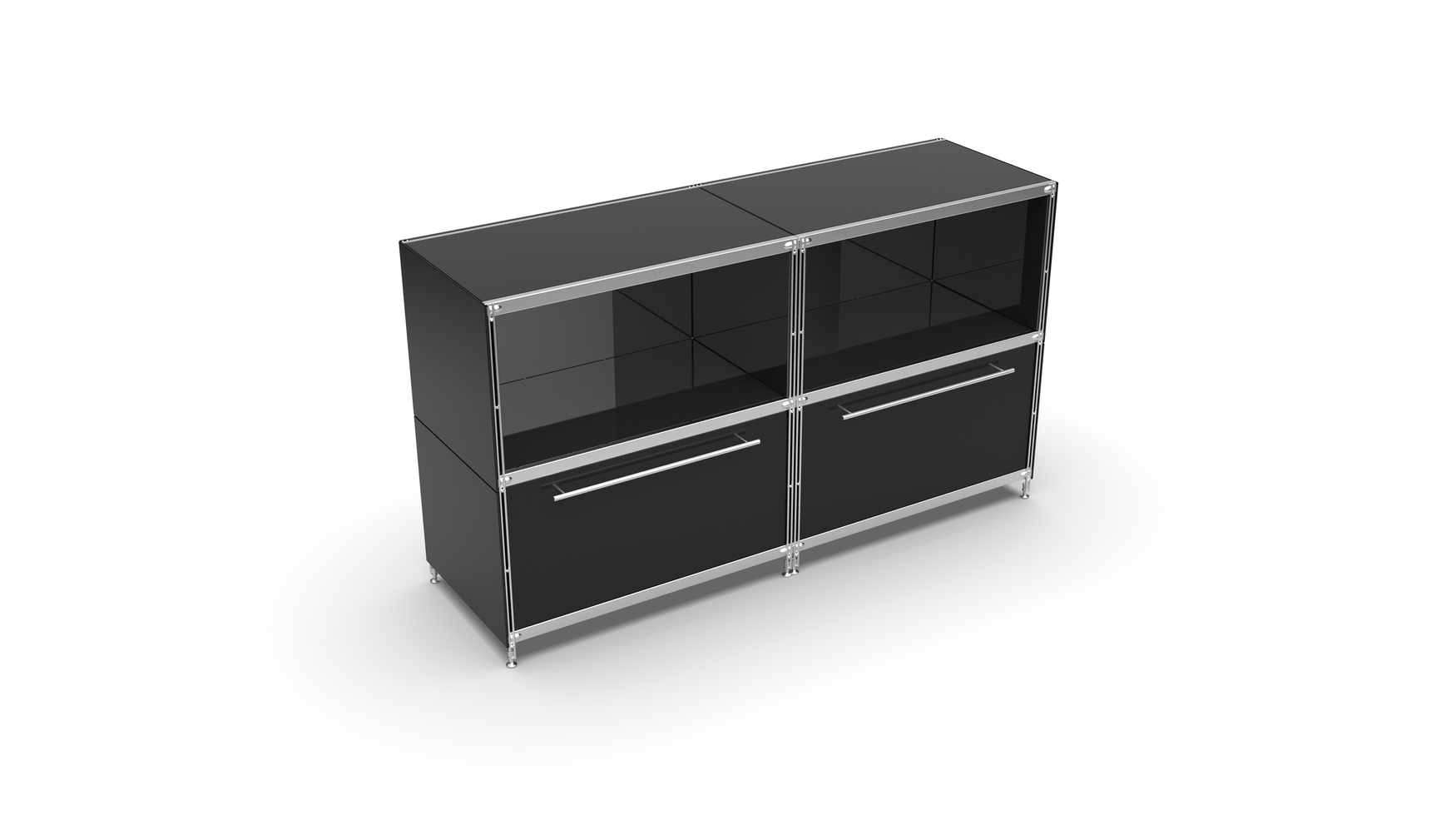KUBUS Sideboard Metall schwarz pulverbeschichtet mit 2 Fächern offen + 2 großen Schubladen 160 cm breit