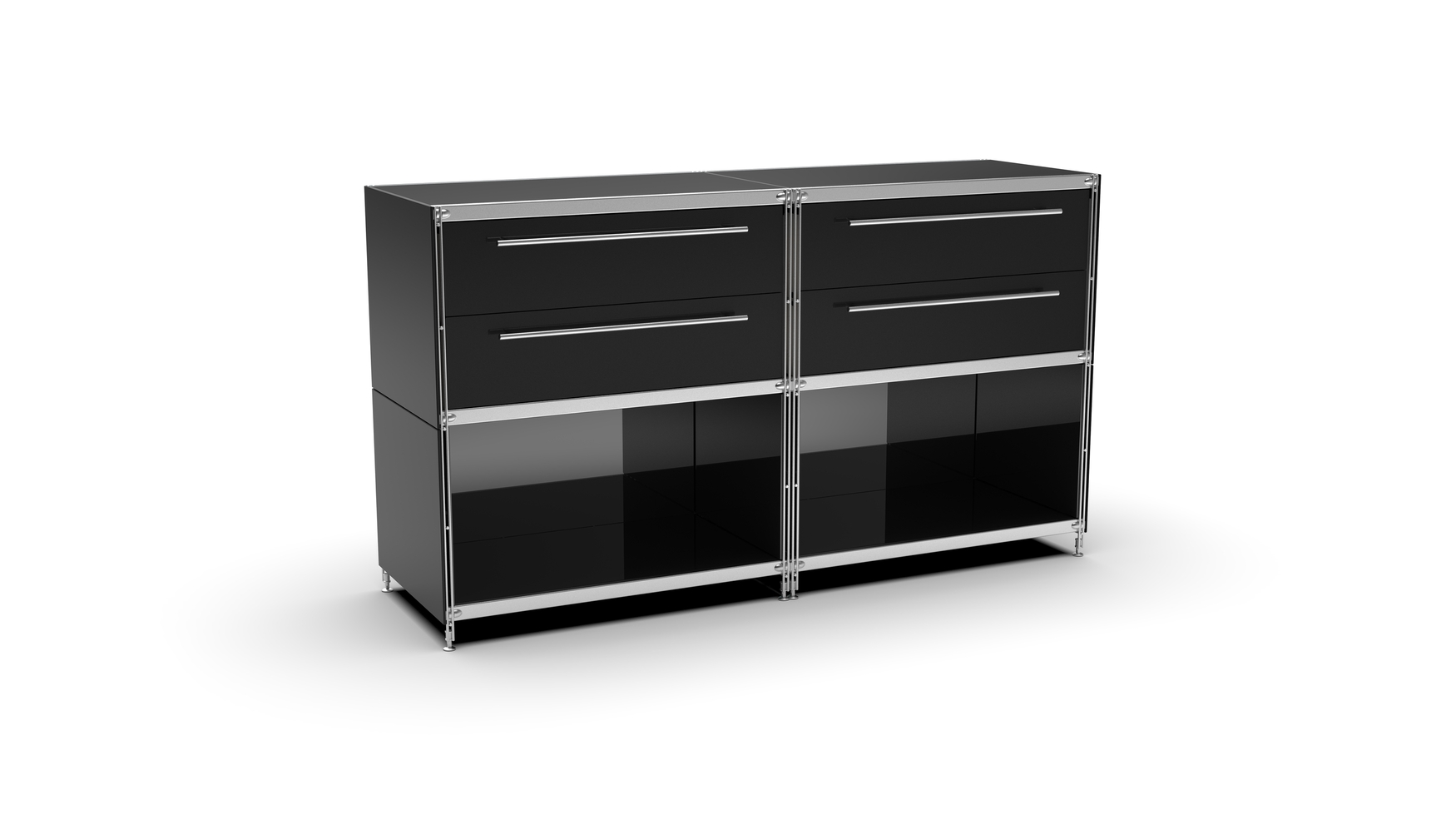 KUBUS Sideboard Metall schwarz pulverbeschichtet mit 2 Doppel-Schubladen + 2 Fächern offen 160 cm breit