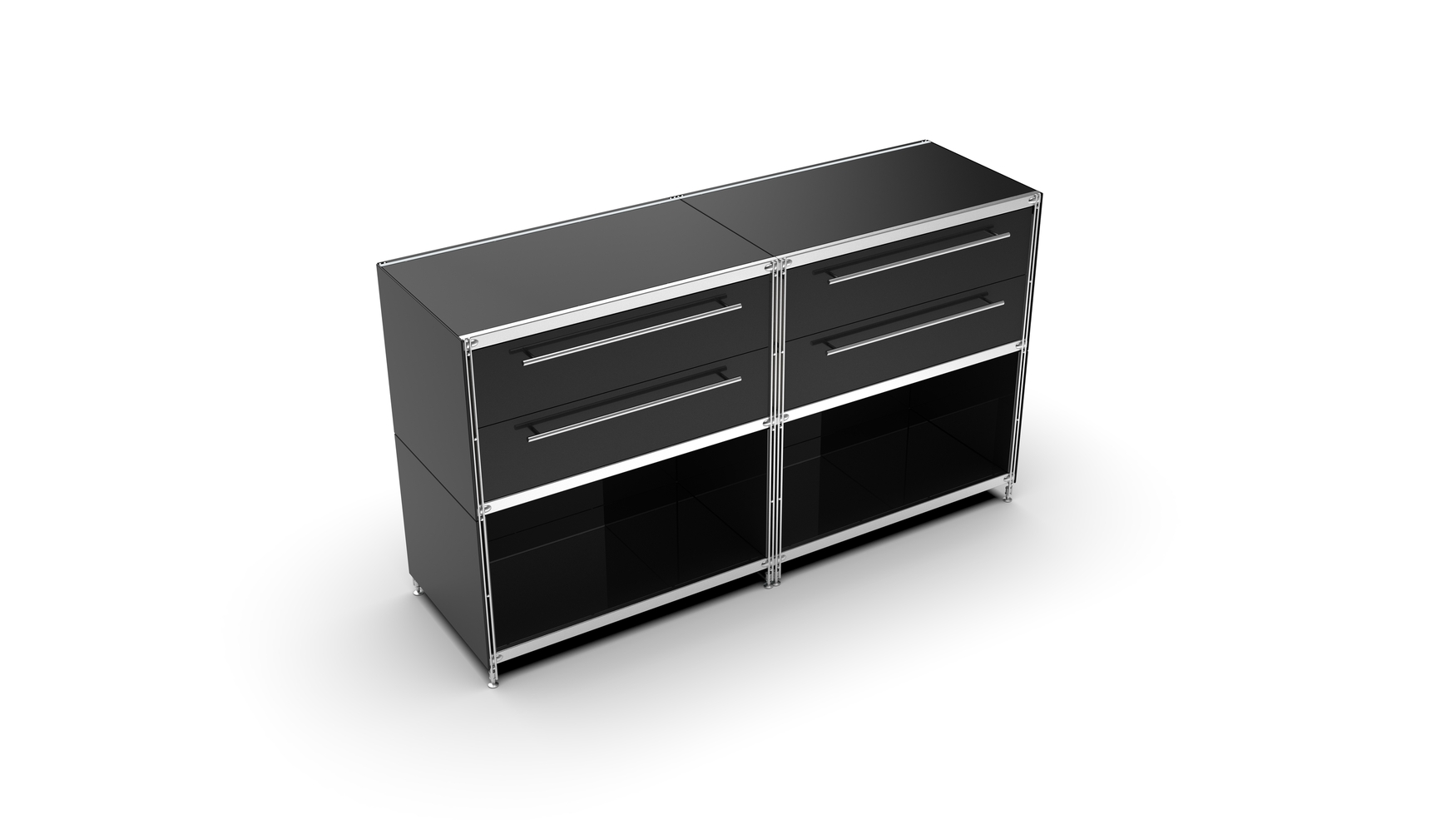 KUBUS Sideboard Metall schwarz pulverbeschichtet mit 2 Doppel-Schubladen + 2 Fächern offen 160 cm breit