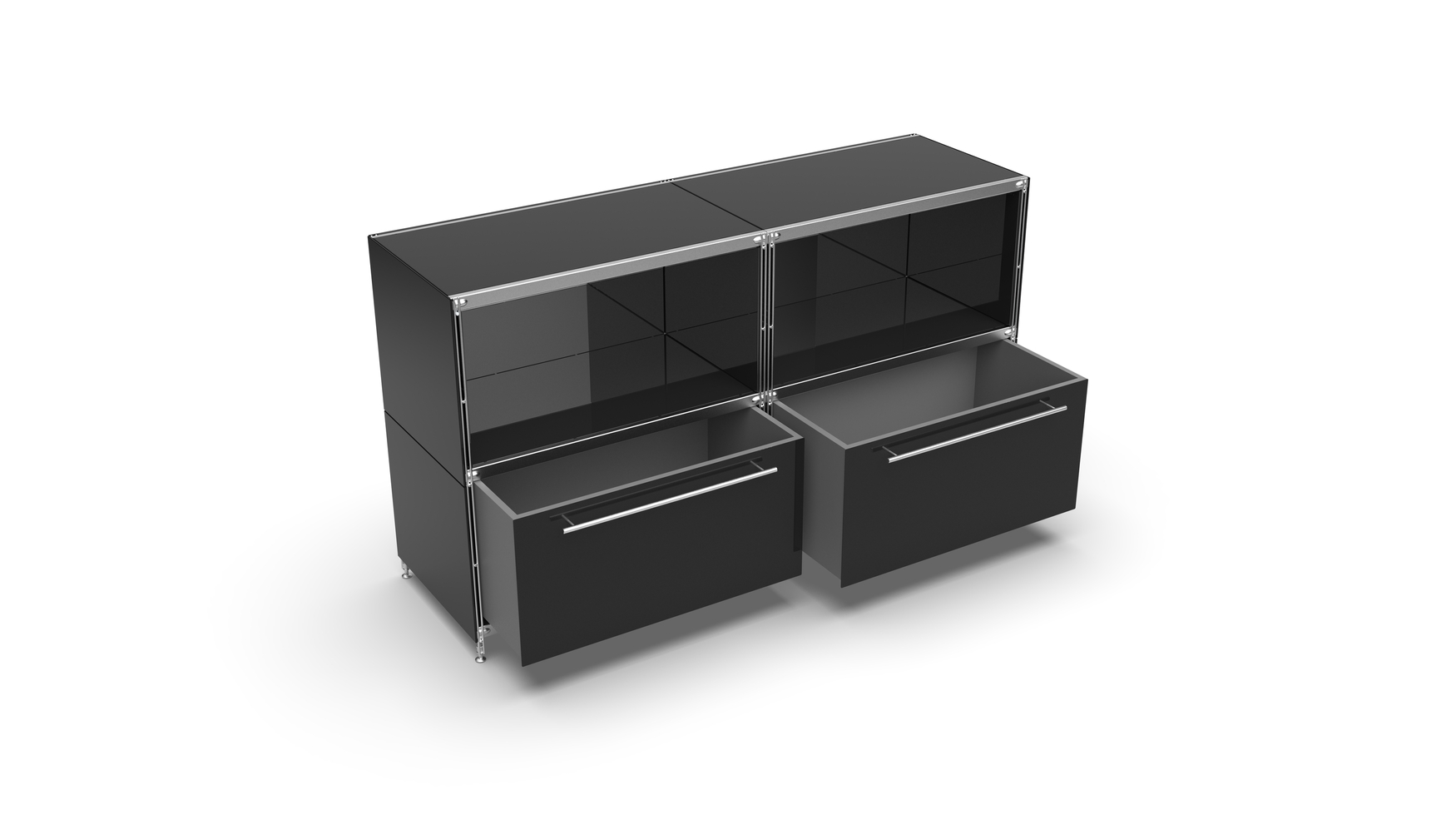 KUBUS Sideboard Metall schwarz pulverbeschichtet mit 2 Fächern offen + 2 großen Schubladen 160 cm breit