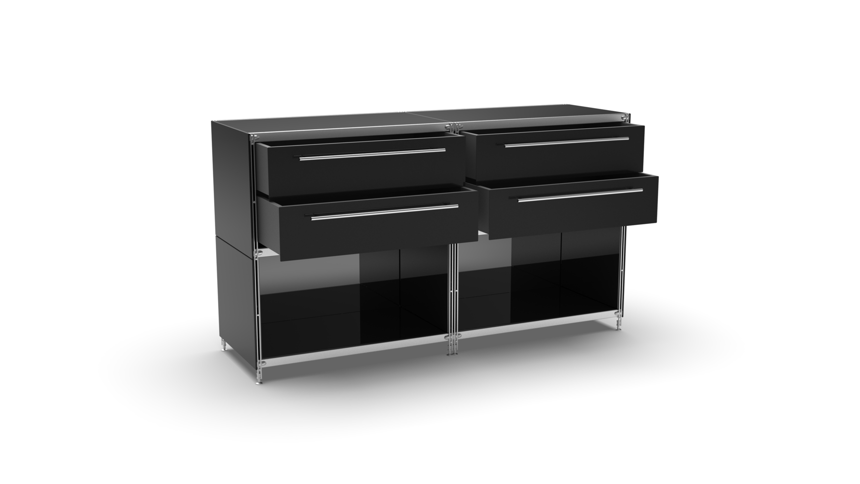 KUBUS Sideboard Metall schwarz pulverbeschichtet mit 2 Doppel-Schubladen + 2 Fächern offen 160 cm breit