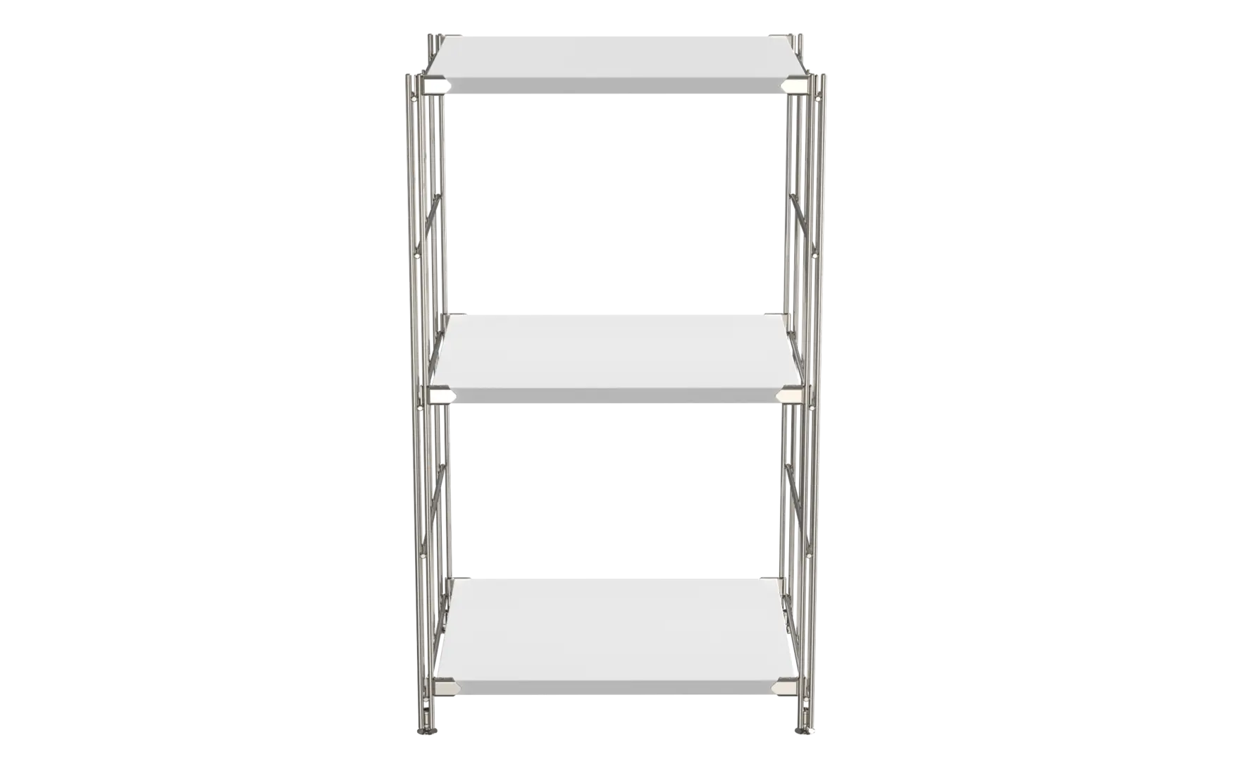 BIII Regal 80 x 46 x 38 cm mit 3 weißen Holzböden – Art.-Nr. 909201 Das kompakte BIII Regal mit den Maßen 80 cm Höhe, 46 cm Breite und 38 cm Tiefe überzeugt durch sein minimalistisches und funktionales Design. Ausgestattet mit drei weißen Holzböden bietet es praktische Ablageflächen für Bücher, Deko oder Bürobedarf. Die Regalleitern bestehen aus verchromtem Stahl mit glänzender Oberfläche und sorgen für Stabilität und einen modernen Look.