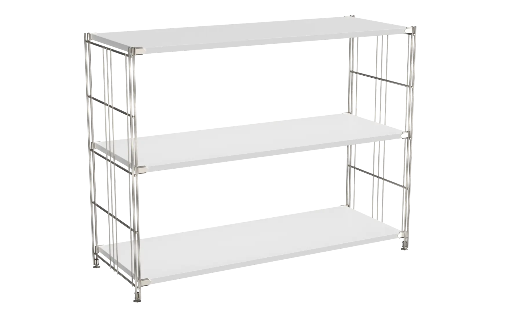 BIII Regal 80 x 104 x 38 cm mit 3 weißen Holzböden – Art.-Nr. 909204 Das großzügige BIII Regal mit den Maßen 80 cm Höhe, 104 cm Breite und 38 cm Tiefe bietet viel Platz und überzeugt durch sein klares, offenes Design. Mit drei weißen Holzböden ausgestattet, eignet sich das Regal ideal zur Aufbewahrung von Deko, Büchern, Geschirr oder Bürobedarf. Die beiden seitlich angebrachten verchromten Metallleitern sorgen für Stabilität und setzen mit ihrer glänzenden Oberfläche einen modernen Akzent. Die Böden sind gleichmäßig verteilt und harmonisch ins Gittergestell eingebettet.